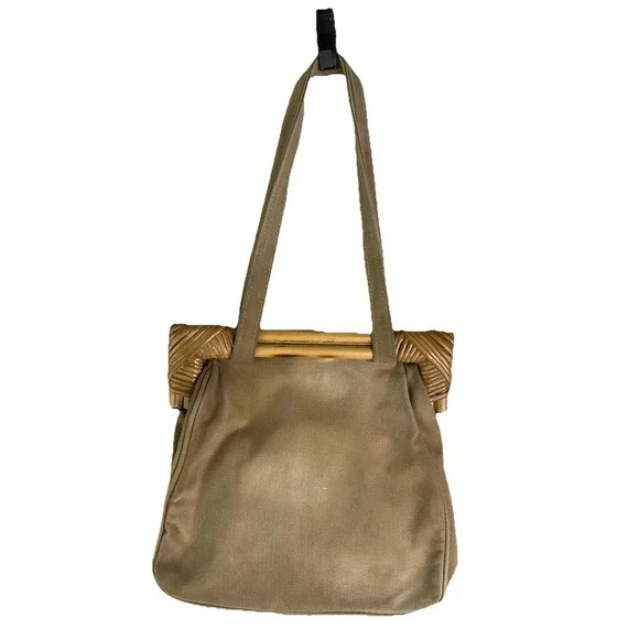 Vintage Rattan Handle Tan Canvas Satchel Purse Attached Coin Purse Boho Retro‎ - Picture 2 of 13